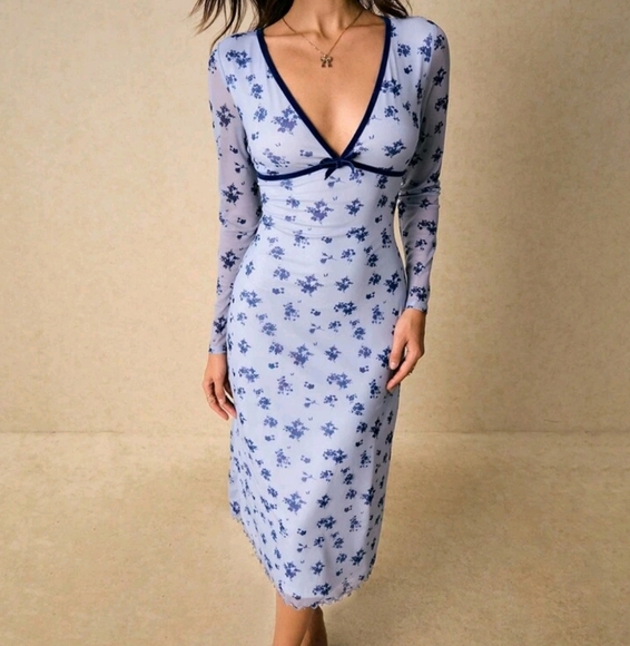 Blue Floral Mesh Bodycon Midi Dress – Sheer Long-Sleeve V-Neck Slim Fit - Picture 1 of 7